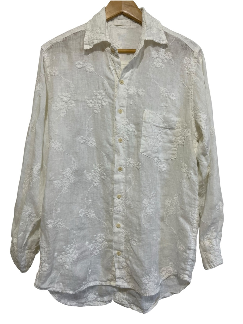 CP Shades White Floral Embroidered Linen Button-Up Shirt Oversized Size XS